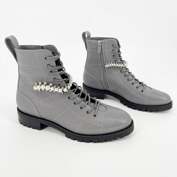 Jimmy Choo Gray Leather Cruz Flat Pearl-embellished Ankle Boots Grey IT 39.5 - Picture 2 of 16